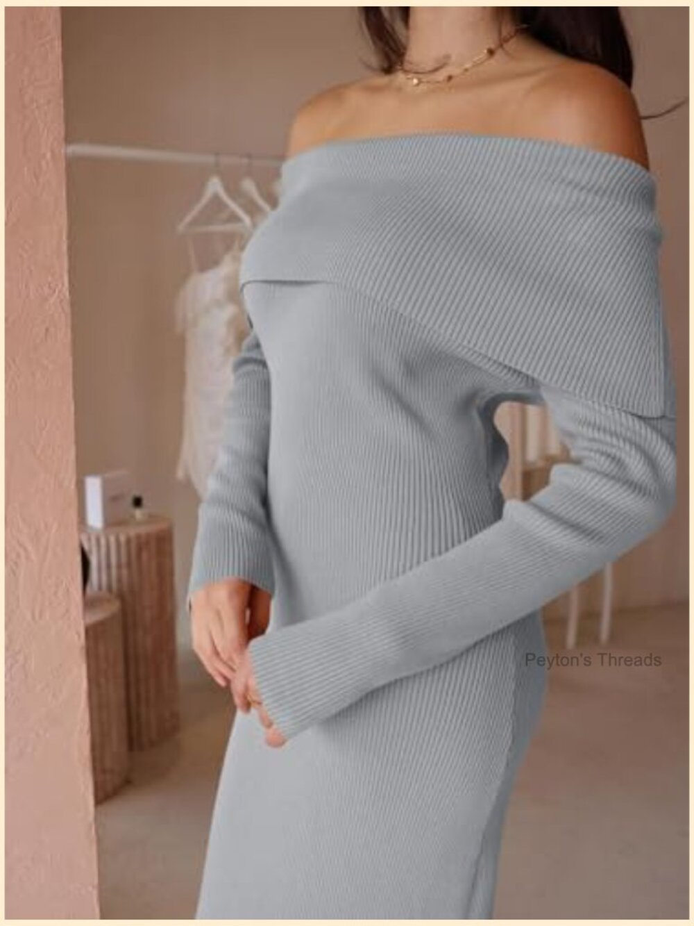 Off The Shoulder Bodycon Sweater Dress Long Sleeve Midi Party Dress - Picture 6 of 7